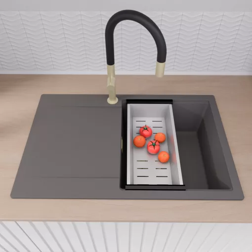 HD Onyx Antracit 78 egymedencés gránit mosogatótálca szett, csepegtetőtálcával, vágódeszkával, acél csepegtetőkosárral, matt antracit színben, szálcsiszolt arany leeresztő szifonnal