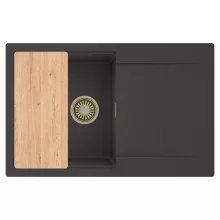 HD Onyx Antracit 78 egymedencés gránit mosogatótálca, vágódeszkával, matt antracit színben, szálcsiszolt arany leeresztő szifonnal