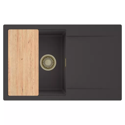 HD Onyx Antracit 78 egymedencés gránit mosogatótálca, vágódeszkával, matt antracit színben, szálcsiszolt arany leeresztő szifonnal