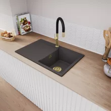 HD Onyx Antracit 78 egymedencés gránit mosogatótálca, vágódeszkával, matt antracit színben, szálcsiszolt arany leeresztő szifonnal