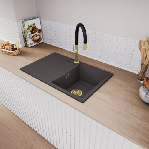 HD Onyx Antracit 78 egymedencés gránit mosogatótálca, vágódeszkával, matt antracit színben, szálcsiszolt arany leeresztő szifonnal