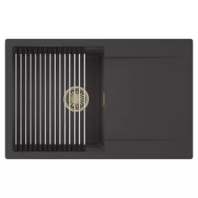 HD Onyx Antracit 78 egymedencés mosogatótálca szett, acél csepegtetőráccsal, csepegtetőtálcával, matt antracit színben, szálcsiszolt arany leeresztő szifonnal