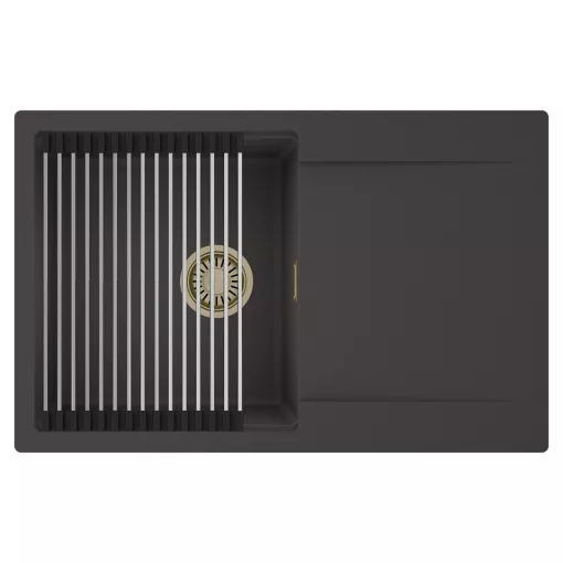 HD Onyx Antracit 78 egymedencés mosogatótálca szett, acél csepegtetőráccsal, csepegtetőtálcával, matt antracit színben, szálcsiszolt arany leeresztő szifonnal