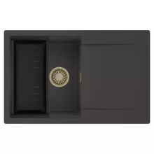 HD Onyx Antracit 78 egymedencés mosogatótálca szett, matt fekete csepegtetőkosárral, csepegtetőtálcával, matt antracit színben, szálcsiszolt arany leeresztő szifonnal