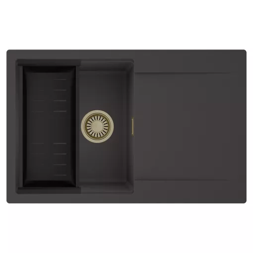 HD Onyx Antracit 78 egymedencés mosogatótálca szett, matt fekete csepegtetőkosárral, csepegtetőtálcával, matt antracit színben, szálcsiszolt arany leeresztő szifonnal