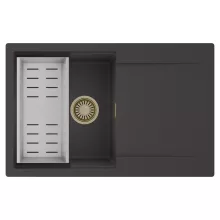 HD Onyx Antracit 78 egymedencés mosogatótálca szett, acél csepegtetőkosárral, csepegtetőtálcával, matt antracit színben, szálcsiszolt arany leeresztő szifonnal