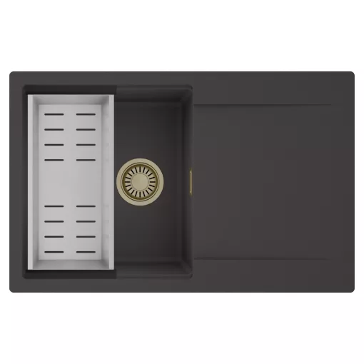 HD Onyx Antracit 78 egymedencés mosogatótálca szett, acél csepegtetőkosárral, csepegtetőtálcával, matt antracit színben, szálcsiszolt arany leeresztő szifonnal