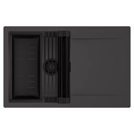 HD Onyx Antracit 78 egymedencés mosogatótálca szett, matt fekete csepegtetőráccsal és kosárral, csepegtetőtálcával, matt antracit színben, matt fekete leeresztő szifonnal