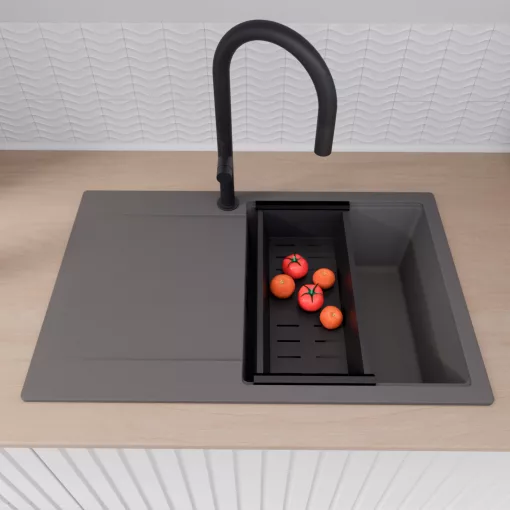 HD Onyx Antracit 78 egymedencés mosogatótálca szett, matt fekete csepegtetőráccsal és kosárral, csepegtetőtálcával, matt antracit színben, matt fekete leeresztő szifonnal