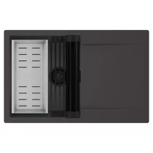 HD Onyx Antracit 78 egymedencés mosogatótálca szett, matt fekete csepegtetőráccsal és krómozott kosárral, csepegtetőtálcával, matt antracit színben, matt fekete leeresztő szifonnal