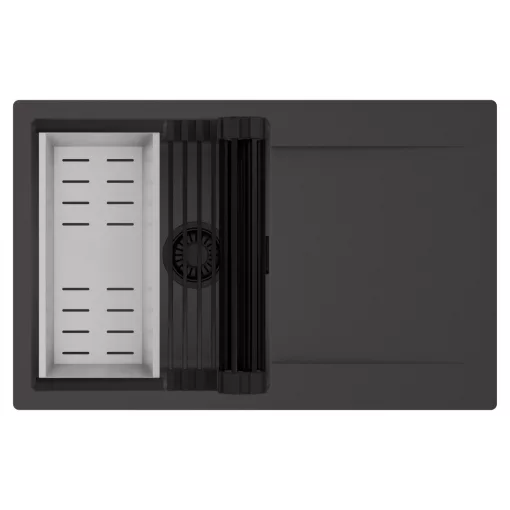 HD Onyx Antracit 78 egymedencés mosogatótálca szett, matt fekete csepegtetőráccsal és krómozott kosárral, csepegtetőtálcával, matt antracit színben, matt fekete leeresztő szifonnal