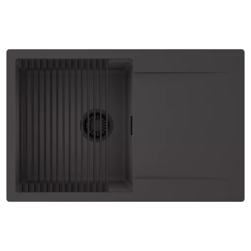 HD Onyx Antracit 78 egymedencés mosogatótálca szett, matt fekete csepegtetőráccsal, csepegtetőtálcával, matt antracit színben, matt fekete leeresztő szifonnal
