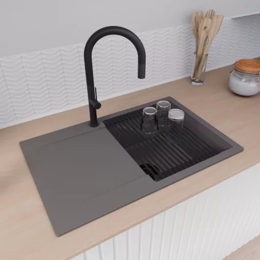 HD Onyx Antracit 78 egymedencés mosogatótálca szett, matt fekete csepegtetőráccsal, csepegtetőtálcával, matt antracit színben, matt fekete leeresztő szifonnal