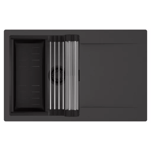 HD Onyx Antracit 78 egymedencés mosogatótálca szett, acél csepegtetőráccsal és matt fekete kosárral, csepegtetőtálcával, matt antracit színben, matt fekete leeresztő szifonnal