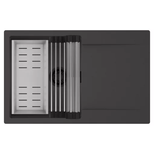 HD Onyx Antracit 78 egymedencés mosogatótálca szett, acél csepegtetőráccsal és kosárral, csepegtetőtálcával, matt antracit színben, matt fekete leeresztő szifonnal