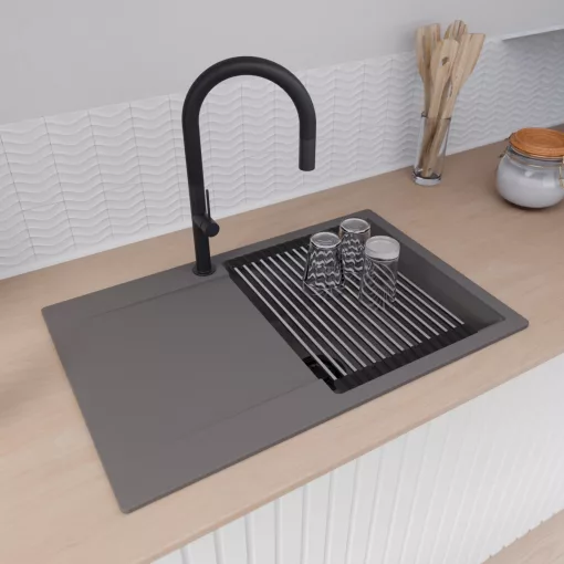 HD Onyx Antracit 78 egymedencés mosogatótálca szett, acél csepegtetőráccsal és kosárral, csepegtetőtálcával, matt antracit színben, matt fekete leeresztő szifonnal