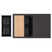 HD Onyx Antracit 78 egymedencés gránit mosogatótálca szett, csepegtetőtálcával, vágódeszkával, matt fekete csepegtetőráccsal és kosárral, matt antracit színben, matt fekete leeresztő szifonnal