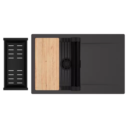 HD Onyx Antracit 78 egymedencés gránit mosogatótálca szett, csepegtetőtálcával, vágódeszkával, matt fekete csepegtetőráccsal és kosárral, matt antracit színben, matt fekete leeresztő szifonnal