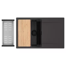 HD Onyx Antracit 78 egymedencés gránit mosogatótálca szett, csepegtetőtálcával, vágódeszkával, matt fekete csepegtetőráccsal és krómozott kosárral, matt antracit színben, matt fekete leeresztő szifonnal