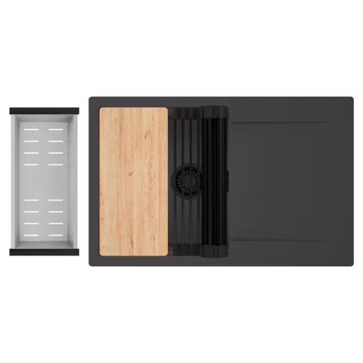 HD Onyx Antracit 78 egymedencés gránit mosogatótálca szett, csepegtetőtálcával, vágódeszkával, matt fekete csepegtetőráccsal és krómozott kosárral, matt antracit színben, matt fekete leeresztő szifonnal