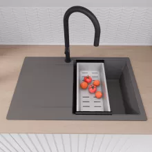 HD Onyx Antracit 78 egymedencés gránit mosogatótálca szett, csepegtetőtálcával, vágódeszkával, matt fekete csepegtetőráccsal és krómozott kosárral, matt antracit színben, matt fekete leeresztő szifonnal