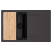 HD Onyx Antracit 78 egymedencés gránit mosogatótálca szett, csepegtetőtálcával, vágódeszkával, matt fekete csepegtetőráccsal, matt antracit színben, matt fekete leeresztő szifonnal