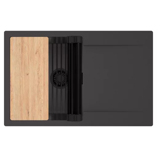 HD Onyx Antracit 78 egymedencés gránit mosogatótálca szett, csepegtetőtálcával, vágódeszkával, matt fekete csepegtetőráccsal, matt antracit színben, matt fekete leeresztő szifonnal