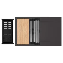 HD Onyx Antracit 78 egymedencés gránit mosogatótálca szett, csepegtetőtálcával, vágódeszkával, acél csepegtetőráccsal és matt fekete kosárral, matt antracit színben, matt fekete leeresztő szifonnal