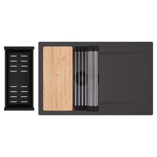 HD Onyx Antracit 78 egymedencés gránit mosogatótálca szett, csepegtetőtálcával, vágódeszkával, acél csepegtetőráccsal és matt fekete kosárral, matt antracit színben, matt fekete leeresztő szifonnal