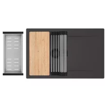 HD Onyx Antracit 78 egymedencés gránit mosogatótálca szett, csepegtetőtálcával, vágódeszkával, acél csepegtetőráccsal és kosárral, matt antracit színben, matt fekete leeresztő szifonnal