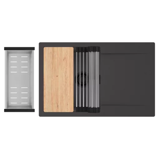 HD Onyx Antracit 78 egymedencés gránit mosogatótálca szett, csepegtetőtálcával, vágódeszkával, acél csepegtetőráccsal és kosárral, matt antracit színben, matt fekete leeresztő szifonnal