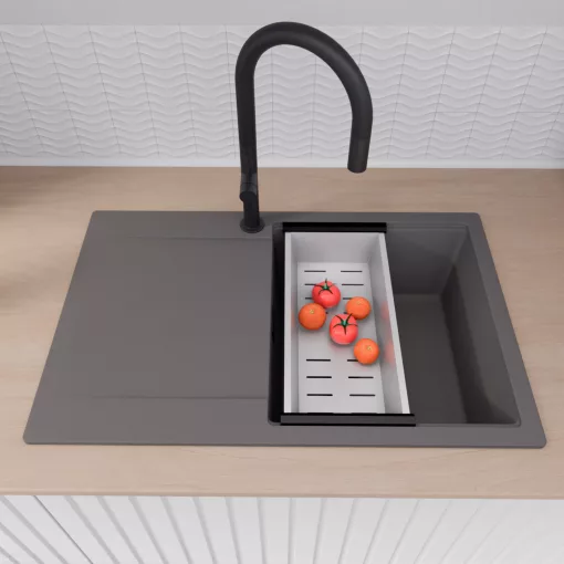 HD Onyx Antracit 78 egymedencés gránit mosogatótálca szett, csepegtetőtálcával, vágódeszkával, acél csepegtetőráccsal és kosárral, matt antracit színben, matt fekete leeresztő szifonnal