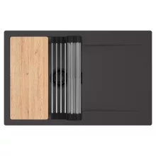 HD Onyx Antracit 78 egymedencés gránit mosogatótálca szett, csepegtetőtálcával, vágódeszkával, acél csepegtetőráccsal, matt antracit színben, matt fekete leeresztő szifonnal