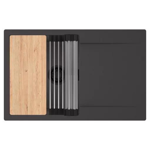 HD Onyx Antracit 78 egymedencés gránit mosogatótálca szett, csepegtetőtálcával, vágódeszkával, acél csepegtetőráccsal, matt antracit színben, matt fekete leeresztő szifonnal