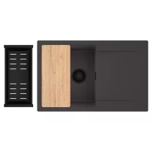 HD Onyx Antracit 78 egymedencés gránit mosogatótálca szett, csepegtetőtálcával, vágódeszkával, matt fekete csepegtetőkosárral, matt antracit színben, matt fekete leeresztő szifonnal