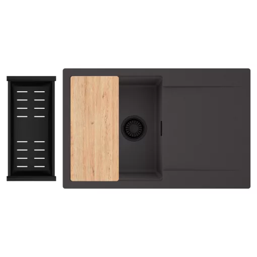 HD Onyx Antracit 78 egymedencés gránit mosogatótálca szett, csepegtetőtálcával, vágódeszkával, matt fekete csepegtetőkosárral, matt antracit színben, matt fekete leeresztő szifonnal