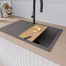 HD Onyx Antracit 78 egymedencés gránit mosogatótálca szett, csepegtetőtálcával, vágódeszkával, matt fekete csepegtetőkosárral, matt antracit színben, matt fekete leeresztő szifonnal