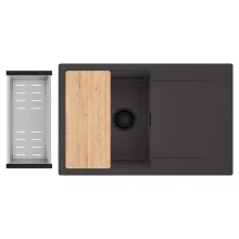 HD Onyx Antracit 78 egymedencés gránit mosogatótálca szett, csepegtetőtálcával, vágódeszkával, acél csepegtetőkosárral, matt antracit színben, matt fekete leeresztő szifonnal