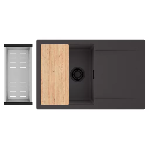 HD Onyx Antracit 78 egymedencés gránit mosogatótálca szett, csepegtetőtálcával, vágódeszkával, acél csepegtetőkosárral, matt antracit színben, matt fekete leeresztő szifonnal