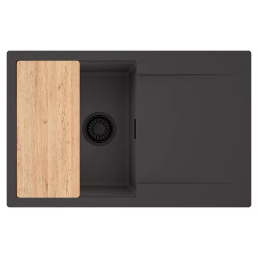 HD Onyx Antracit 78 egymedencés gránit mosogatótálca, vágódeszkával, matt antracit színben, matt fekete leeresztő szifonnal