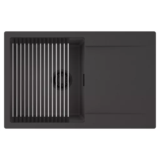HD Onyx Antracit 78 egymedencés mosogatótálca szett, acél csepegtetőráccsal, csepegtetőtálcával, matt antracit színben, matt fekete leeresztő szifonnal