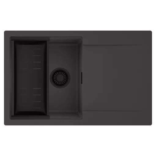 HD Onyx Antracit 78 egymedencés mosogatótálca szett, matt fekete csepegtetőkosárral, csepegtetőtálcával, matt antracit színben, matt fekete leeresztő szifonnal