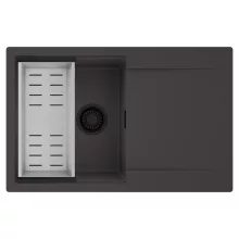 HD Onyx Antracit 78 egymedencés mosogatótálca szett, acél csepegtetőkosárral, csepegtetőtálcával, matt antracit színben, matt fekete leeresztő szifonnal