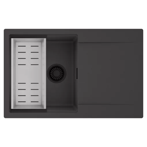 HD Onyx Antracit 78 egymedencés mosogatótálca szett, acél csepegtetőkosárral, csepegtetőtálcával, matt antracit színben, matt fekete leeresztő szifonnal