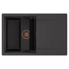 HD Onyx Antracit 78 egymedencés mosogatótálca szett, matt fekete csepegtetőráccsal és kosárral, csepegtetőtálcával, matt antracit színben, szálcsiszolt réz leeresztő szifonnal