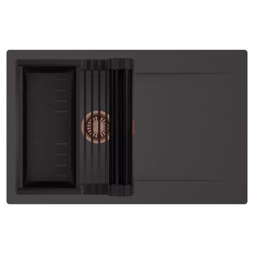 HD Onyx Antracit 78 egymedencés mosogatótálca szett, matt fekete csepegtetőráccsal és kosárral, csepegtetőtálcával, matt antracit színben, szálcsiszolt réz leeresztő szifonnal