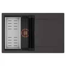 HD Onyx Antracit 78 egymedencés mosogatótálca szett, matt fekete csepegtetőráccsal és krómozott kosárral, csepegtetőtálcával, matt antracit színben, szálcsiszolt réz leeresztő szifonnal