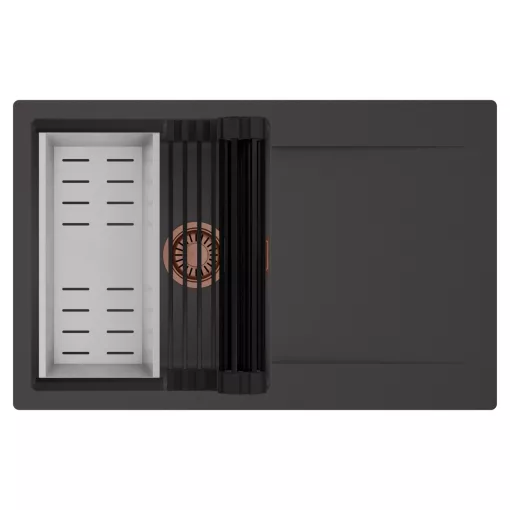 HD Onyx Antracit 78 egymedencés mosogatótálca szett, matt fekete csepegtetőráccsal és krómozott kosárral, csepegtetőtálcával, matt antracit színben, szálcsiszolt réz leeresztő szifonnal