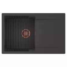 HD Onyx Antracit 78 egymedencés mosogatótálca szett, matt fekete csepegtetőráccsal, csepegtetőtálcával, matt antracit színben, szálcsiszolt réz leeresztő szifonnal