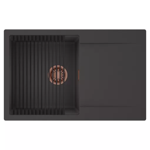 HD Onyx Antracit 78 egymedencés mosogatótálca szett, matt fekete csepegtetőráccsal, csepegtetőtálcával, matt antracit színben, szálcsiszolt réz leeresztő szifonnal